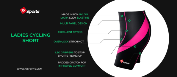 TJ Sports ladies cycling shorts promotional graphic highlighting stretch nylon fabric and fitted design
