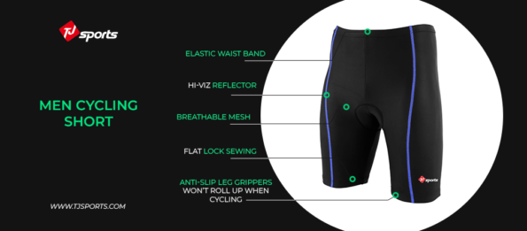 TJ Sports men's cycling shorts highlighting elastic waistband, reflective detailing and breathable mesh panels